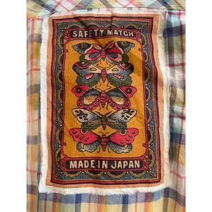 Plaid Button-Up Flannel Shirt w/ Vintage Safety Match Moth Patch Mens size M